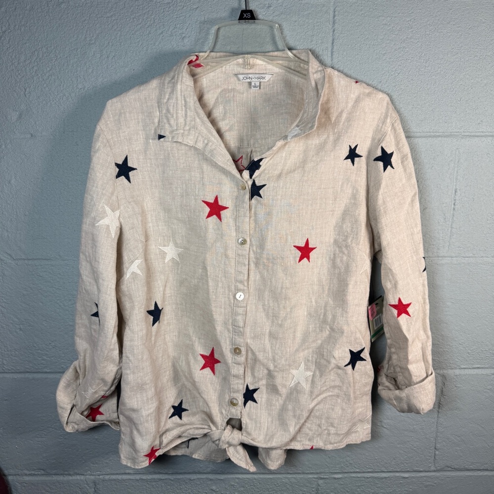 🆕 John Mark Star Print Linen Button-Up Shirt - Red, Navy, White Large 🆕